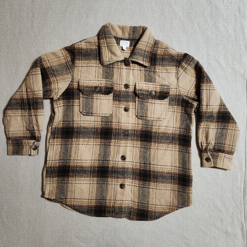 Time and Tru Womens Plaid Herringbone Shacket Tan Brown Button Up Large 12-14